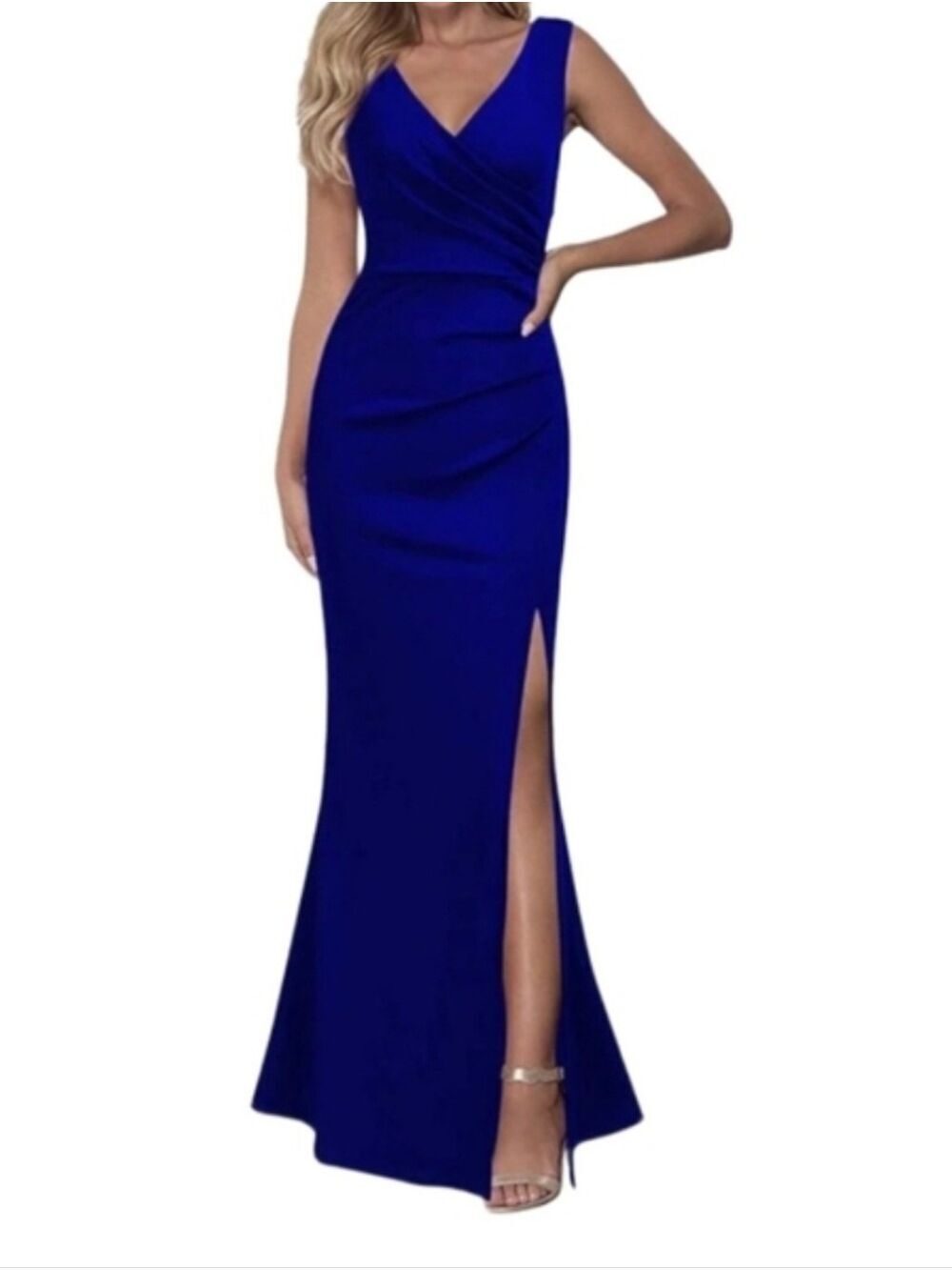 WOOSEA LONG BODYCON BLUE SLEEVESS GOWN MAXI DRESS V NECK SIZE MEDIUM LIKE NEW!